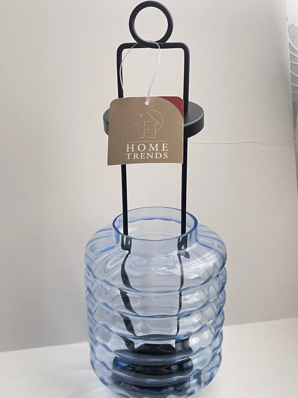 Home Trends Blue Ribbed Glass Lantern with Black Metal Frame